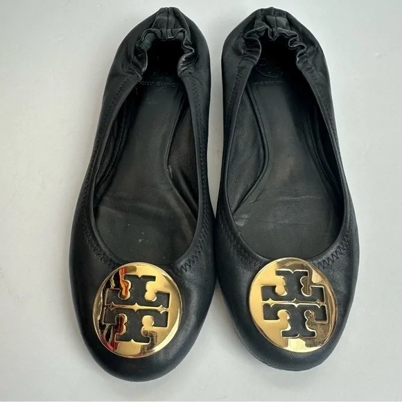 Tory Burch Ballet Flats Black Women's Size 7 Shoes Black Gold Medallion Leather - Picture 8 of 11